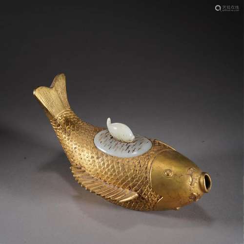 Jade Inlaid Gilt Bronze Carp Ornament