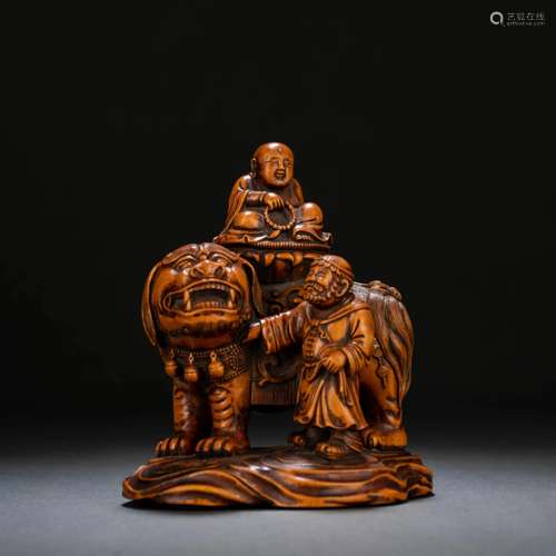 Carved Boxwood Figure And Lion