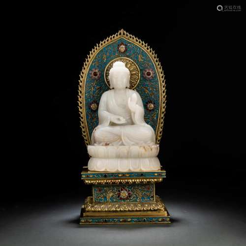 White Jade Figure Of Shakyamuni With Cloisonne Enamel