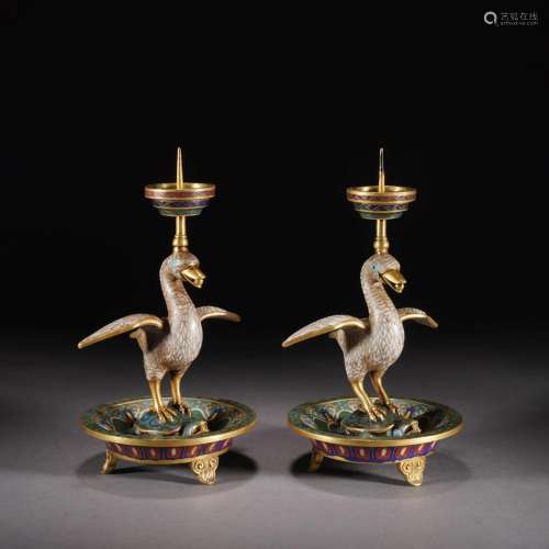 Pair Of Cloisonne Enamel Crane-Form Candlesticks