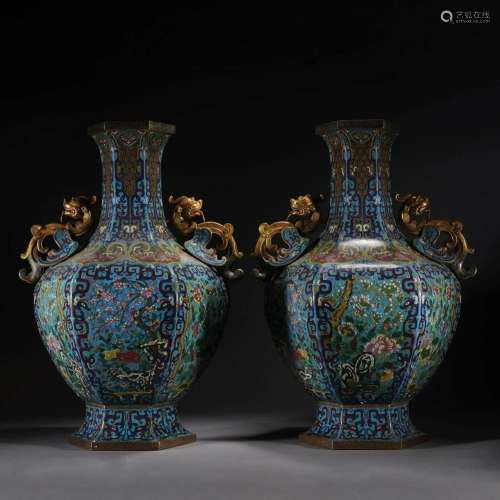 Pair Of Cloisonne Enamel Double-Eared Vases