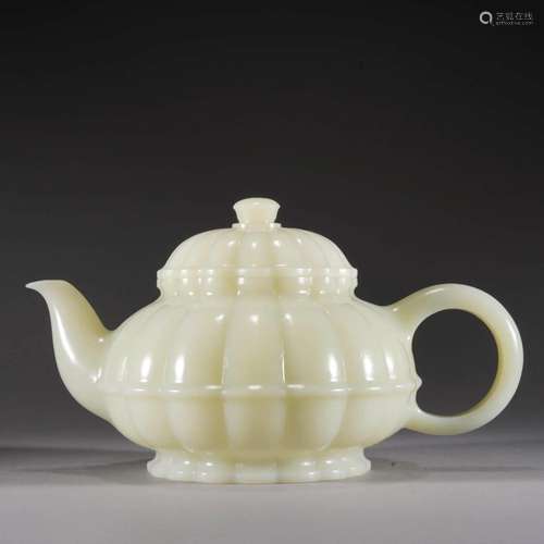 Carved White Jade Melon-Form Ewer