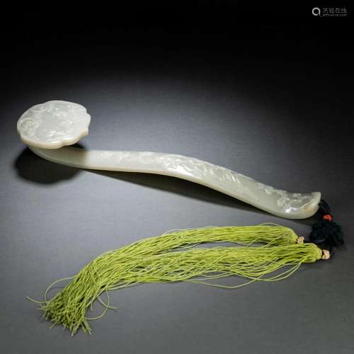 Carved Celadon Jade Dragon-Carp Ruyi Sceptre