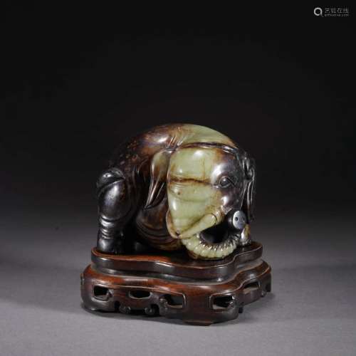Carved Grey And White Jade Elephant Ornament