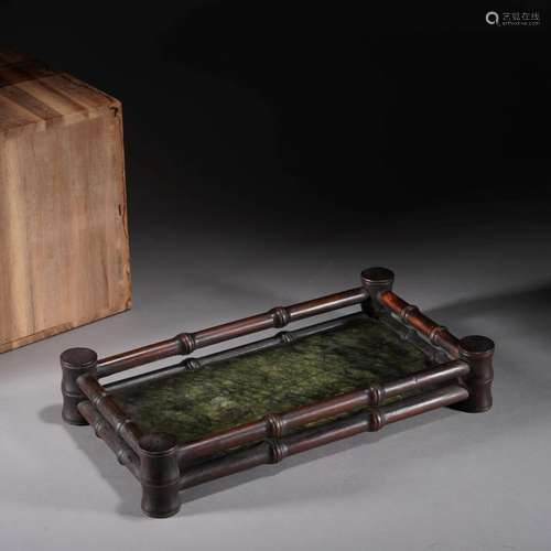 Marble Stone Inlaid Sandalwood Tray