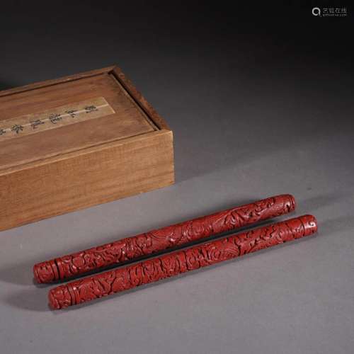 Pair Of Carved Lacquerware Dragon&Phoenix Incense Tubes
