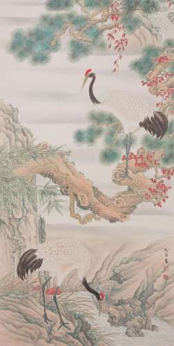 Yu Jizhen, Chinese Pine And Crane Painting Scroll