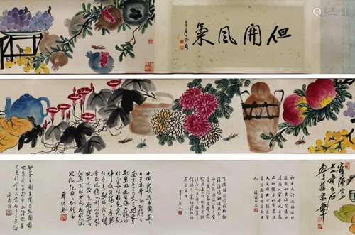 Qi Baishi, Chinese Fruits Painting Paper Hand Scroll