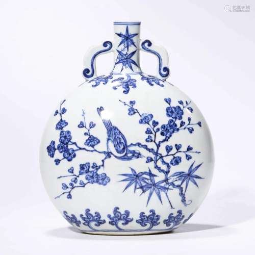 Blue And White Flower&Bird Moon Flask