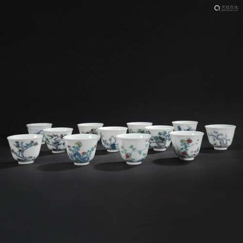 Set Of Twelve Doucai Glaze Floral Cups