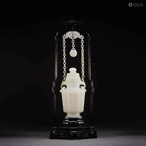 Carved White Jade Crane And Pine Hexagonal Vase