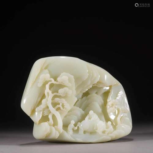 Carved White Jade Elephant And Figure Boulder