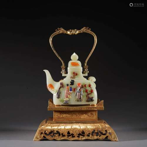 Hardstone Inlaid White Jade Figure Story Ewer