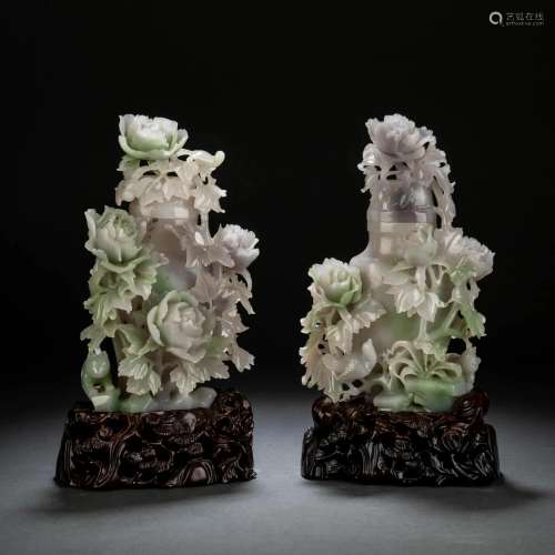 Pair Of Carved Jade Peony Vases And Covers
