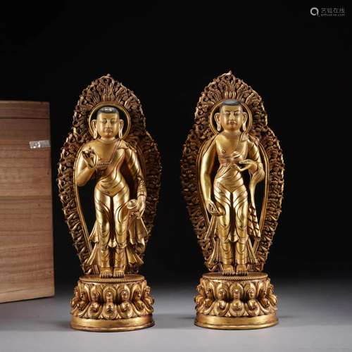 Pair Of Gilt Bronze Figures Of Bodhisattva