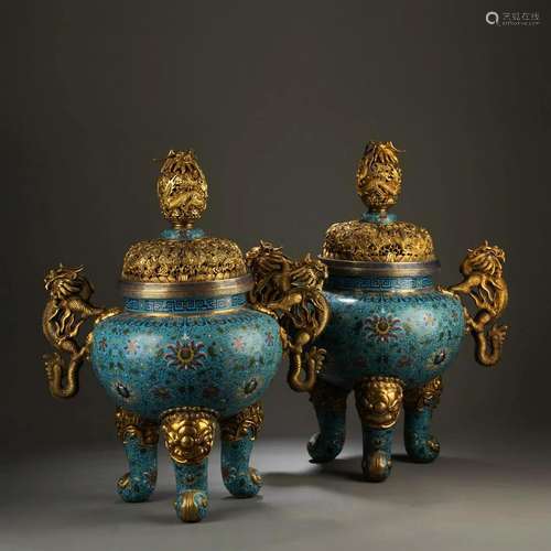 Pair Of Cloisonne Enamel Dragon Censers