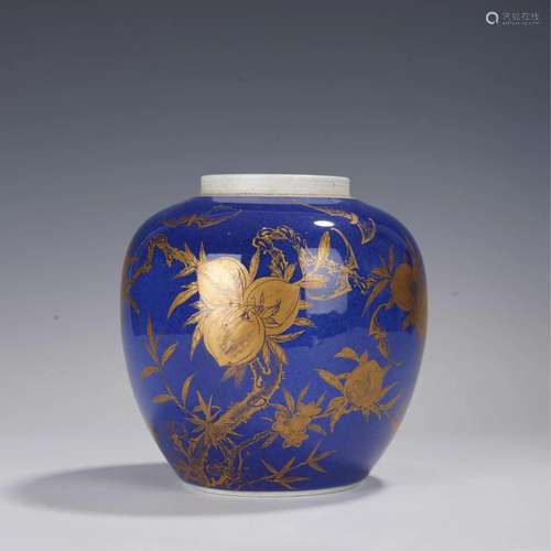 Gold Decorated Blue Glaze Floral Jar