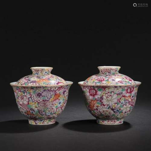 Pair Of Falangcai Glaze Millefleurs Bowls And Covers