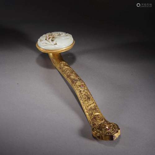 Jade Inlaid Gilt Bronze Ruyi Sceptre