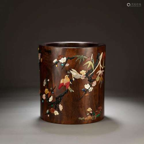 Hardstone Inlaid Huali Wood Brush Pot