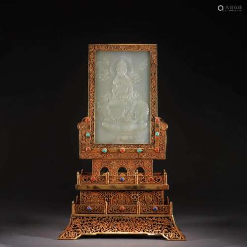 Carved White Jade Samantabhadra Table Screen