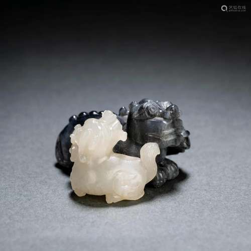 Carved Grey And White Jade Lion Group