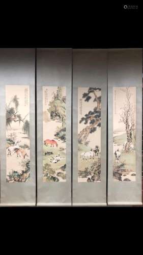 Ge Xianglan, Four Chinese Horse Painting Paper Scrolls