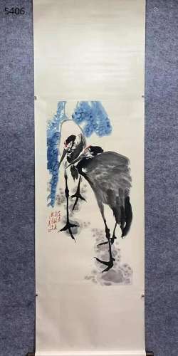 Wang Ziwu, Chinese Crane Painting Paper Scroll