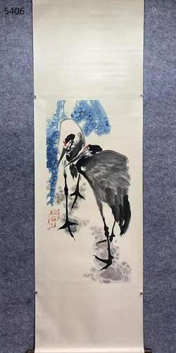 Wang Ziwu, Chinese Crane Painting Paper Scroll