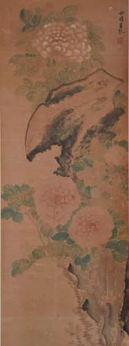 Lv Ji, Chinese Peony Painting Scroll