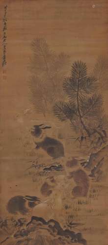 Zhang Daqian, Chinese Rabbits Painting Scroll