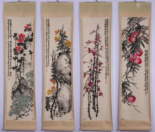 Wu Changshuo, Four Chinese Flower Painting Scrolls
