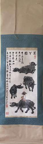 Li Keran, Chinese Five Bulls Painting Paper Scroll