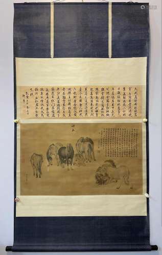 Lang Shining, Chinese Horses Painting Silk Scroll