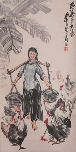 Huang Zhou, Chinese Figure Painting Scroll