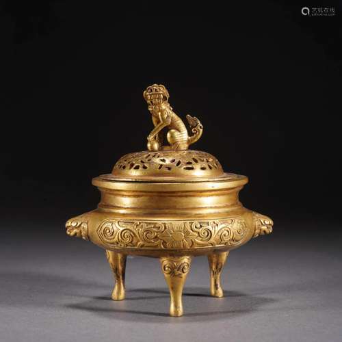 Gilt Bronze Lion Tripod Censer