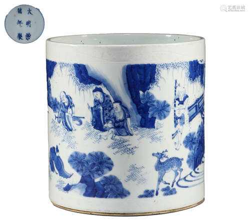 Qing Dynasty, blue and white character story pen holder