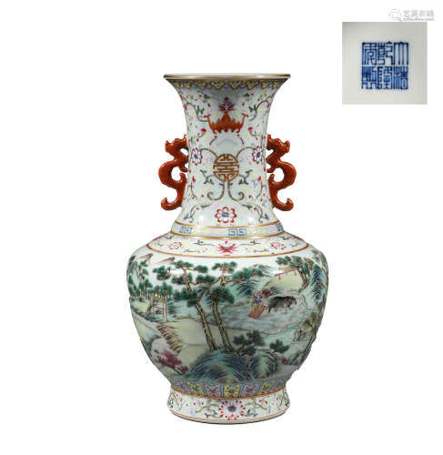 Qing Dynasty, pastel figure landscape, two ear bottle