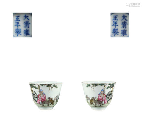 In the Qing Dynasty, a pair of pastel character story cups