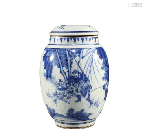 Qing Dynasty, blue and white character story, lotus seed jar