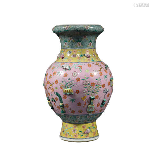 Qing Dynasty, pastel carved porcelain antique vase