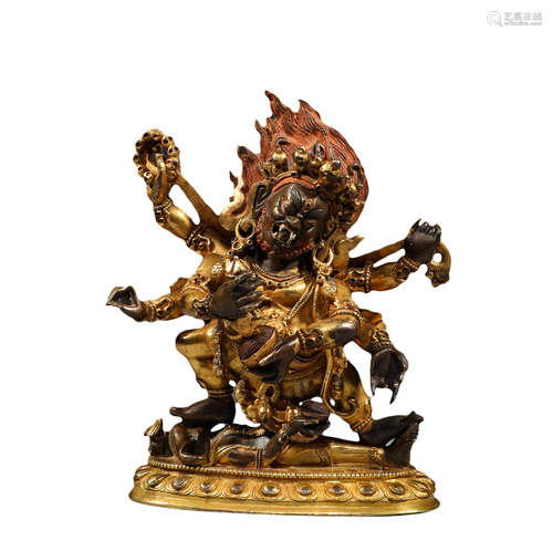 In the Qing Dynasty, copper gilded six armed mahagala