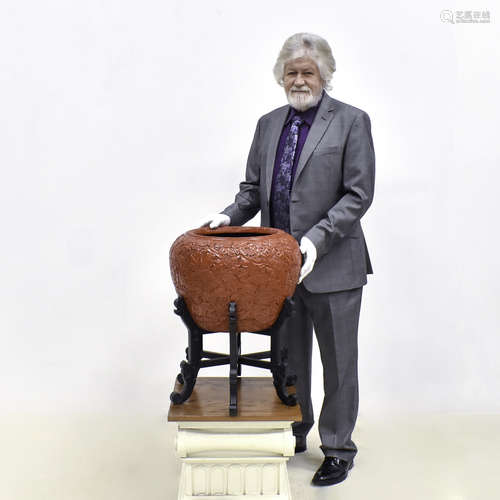 QING CARVED RED CINNABAR JAR ON STAND