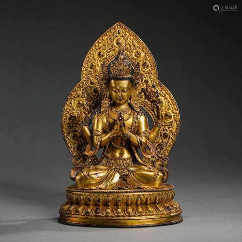 CHINESE QING DYNASTY GILT BRONZE SEATED BUDDHA STATUE