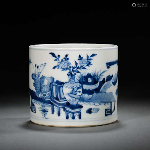 CHINESE QING DYNASTY BLUE AND WHITE BRUSH HOLDER