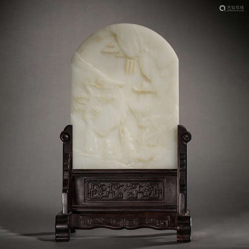 CHINESE QING DYNASTY SANDALWOOD BOARD AND WHITE JADE SCREEN