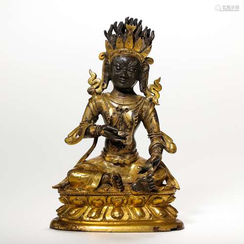 CHINESE QING DYNASTY GILT BRONZE SEATED BUDDHA STATUE