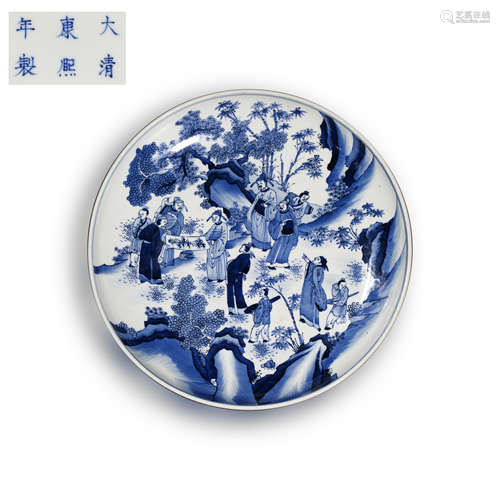 CHINESE QING DYNASTY KANGXI PERIOD BLUE AND WHITE PLATE