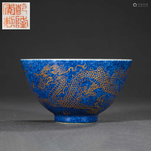 CHINA QING DYNASTY QIANLONG PERIOD BLUE GLAZED PAINTED GOLD ...