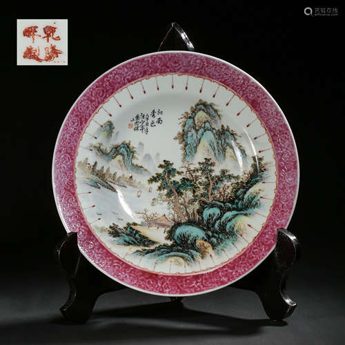 CHINESE QING DYNASTY ENAMEL COLOR LANDSCAPE PLATE